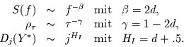 \begin{displaymath}
\begin{array}{rclll}
S(f) & \sim & f^{-\beta} & \mbox{mit}...
...}) & \sim & j^{H_{I}} & \mbox{mit} & H_{I}=d+.5.
\end{array}
\end{displaymath}