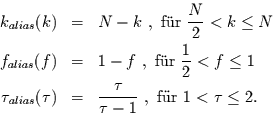 \begin{eqnarray*}
k_{alias}(k) & = & N-k\,\, , \mbox{ f\uml {u}r } \frac{N}{2}<...
... & \frac{\tau}{\tau-1}\,\, , \mbox{ f\uml {u}r } 1< \tau \le 2.
\end{eqnarray*}