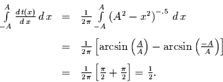 \begin{displaymath}
\begin{array}{rcl}
\int\limits_{-A}^{A}\frac{d\,t(x)}{d\,x...
...i}{2} +
\frac{\pi}{2}\right] = \frac{1}{2}.
\end{array}
\end{displaymath}