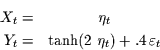 \begin{eqnarray*}
X_{t} = & \eta_{t}\\
Y_{t} = & \tanh(2\,\,\eta_{t})+ .4\, \varepsilon_{t}
\end{eqnarray*}